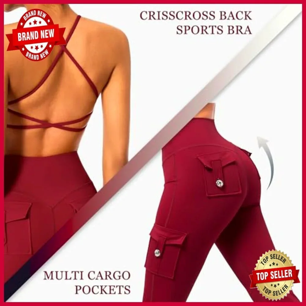 2 Piece Workout Set Flare Leggings with Pockets High Waisted Cargo Gym Yoga
